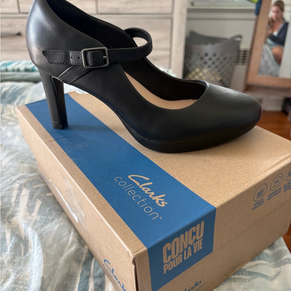 Clarks Black Mary Jane Heel with Buckle Strap